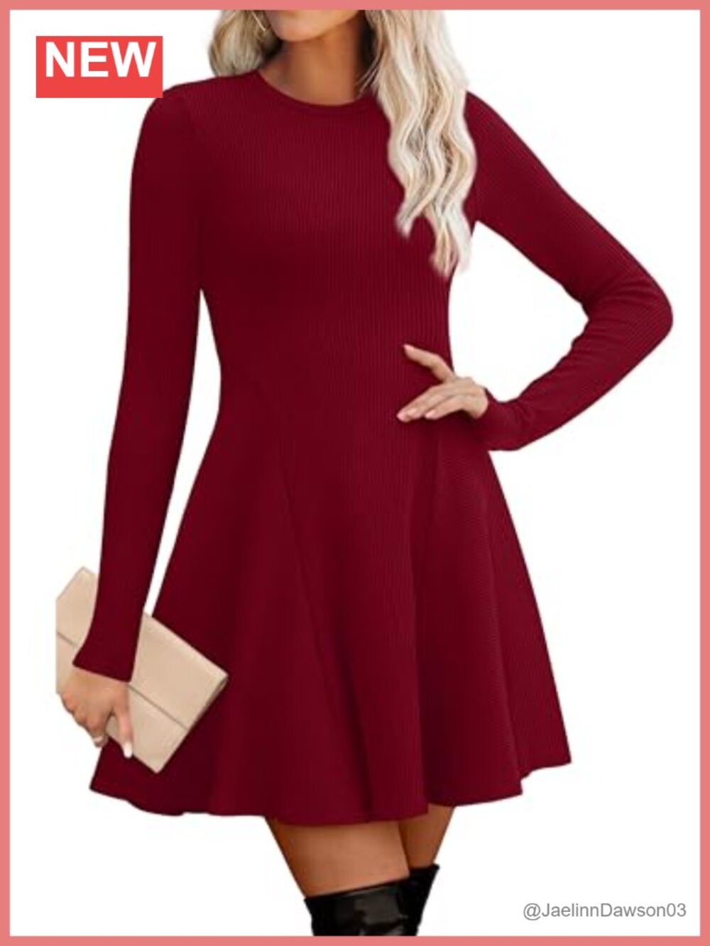 OFEEFAN Ribbed Knit Sweater Dress Long Sleeve A-Line Fit Flare